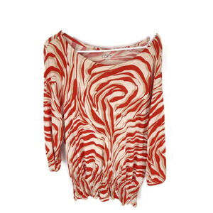 Loft Womens Blouse Orange White Abstract 3/4 Sleeve Boat Neck Smocked Artsy S